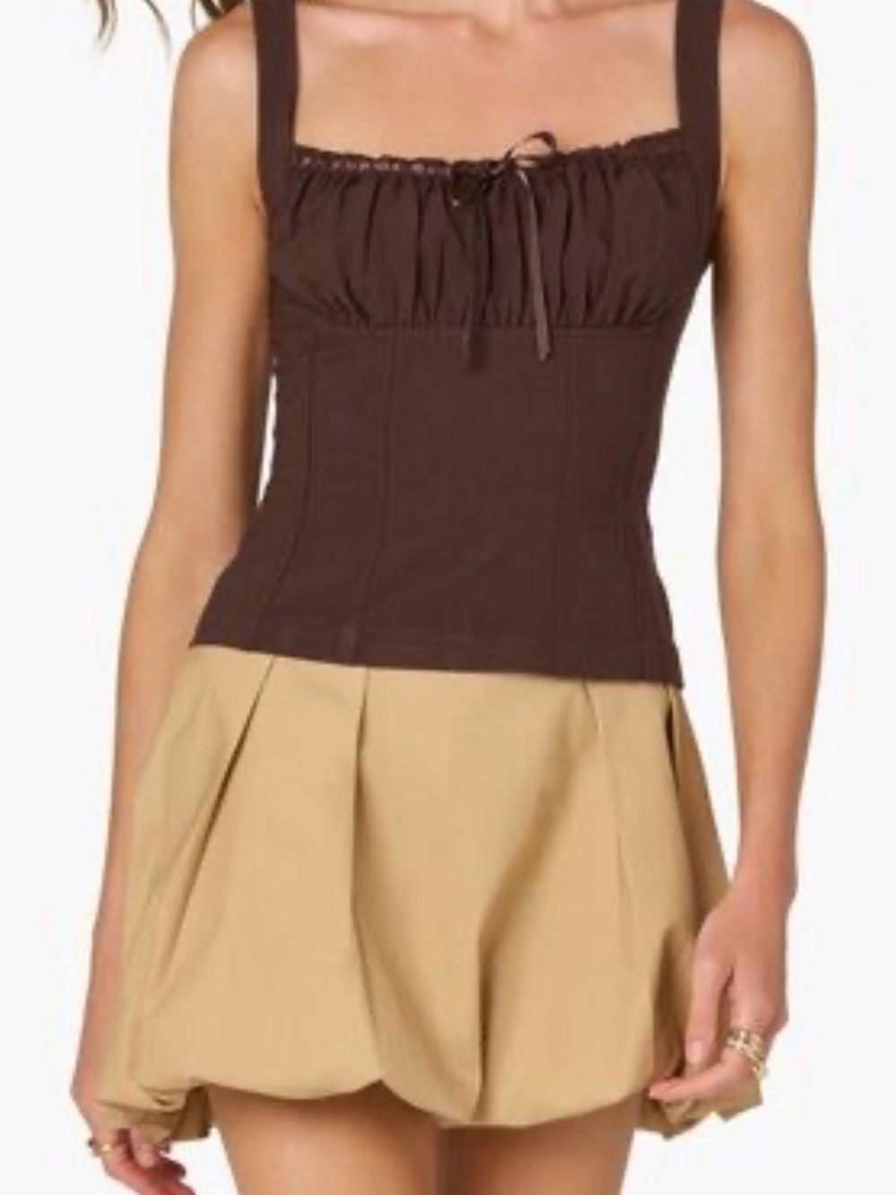 ASTR The Label Brown Ruched Square Neck Tank Top Bow Tie Small - Picture 7 of 7